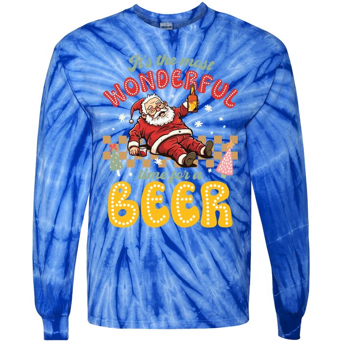 Funny Christmas Santa Claus Ing Beer Wonderful Time Great Gift Tie-Dye Long Sleeve Shirt