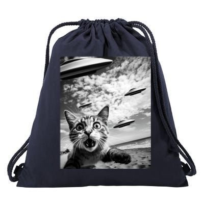 Funny Cat Selfie With Alien Ufos Funny Cat Lovers AlienS Ufo Drawstring Bag