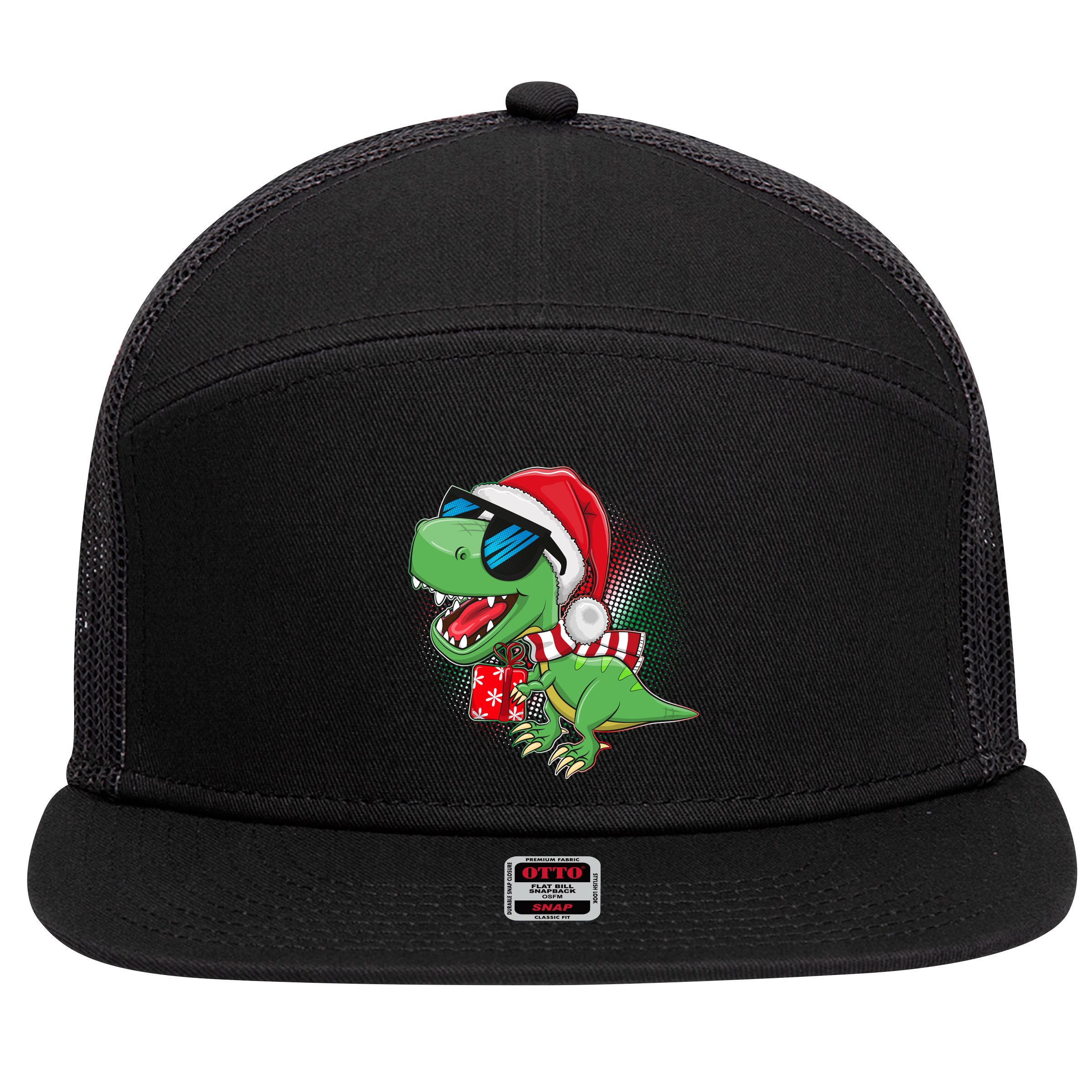 Funny Christmas Santa Trex Dinosaur 7 Panel Mesh Trucker Snapback Hat