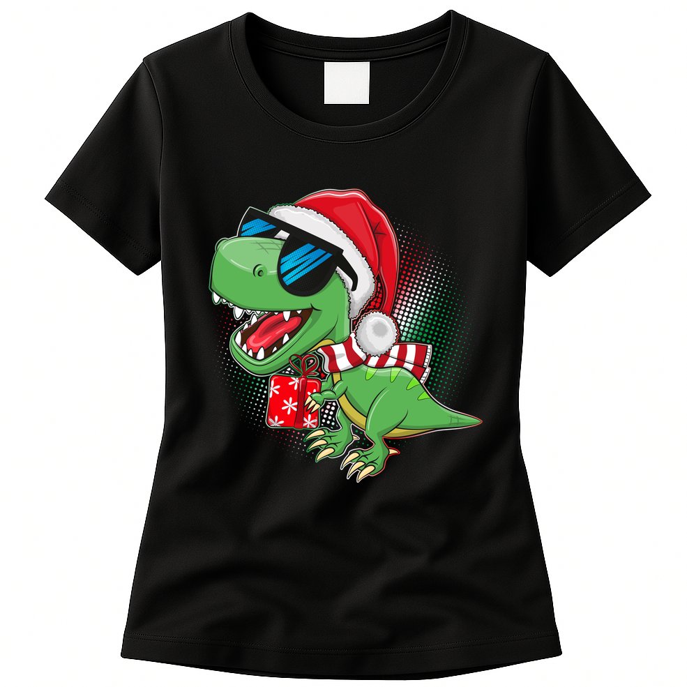 Funny Christmas Santa Trex Dinosaur Womens T-Shirt