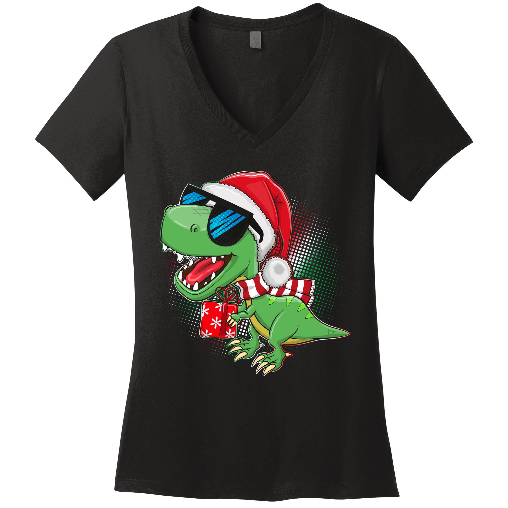 Funny Christmas Santa Trex Dinosaur Women's V-Neck T-Shirt
