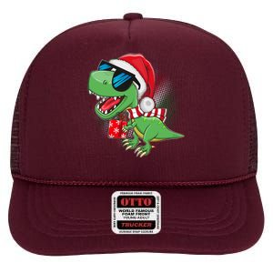 Funny Christmas Santa Trex Dinosaur High Crown Mesh Back Trucker Hat