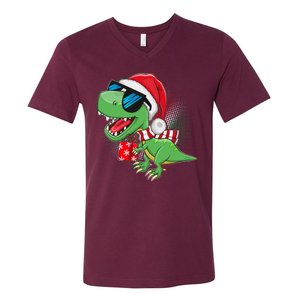 Funny Christmas Santa Trex Dinosaur V-Neck T-Shirt