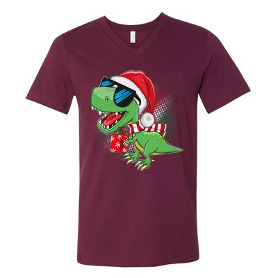 Funny Christmas Santa Trex Dinosaur V-Neck T-Shirt