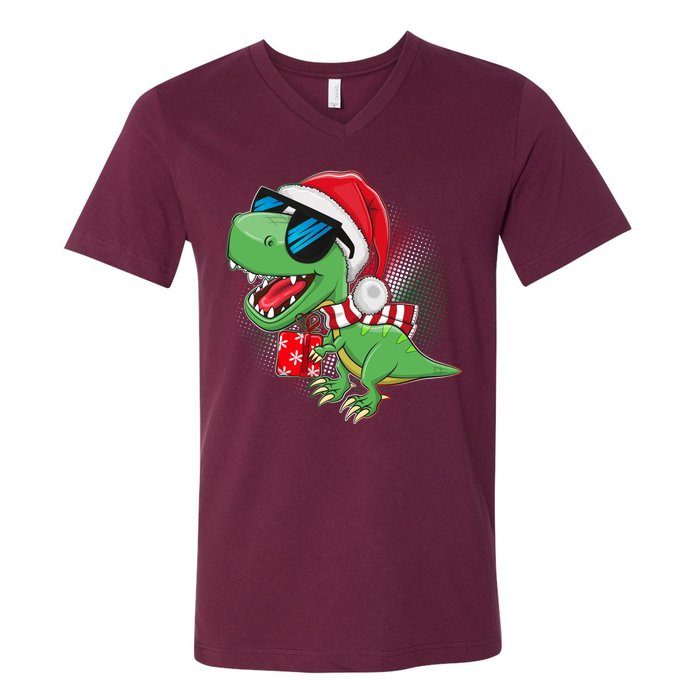 Funny Christmas Santa Trex Dinosaur V-Neck T-Shirt