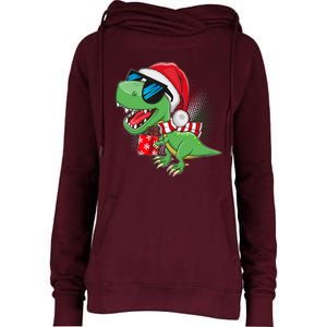 Funny Christmas Santa Trex Dinosaur Womens Funnel Neck Pullover Hood