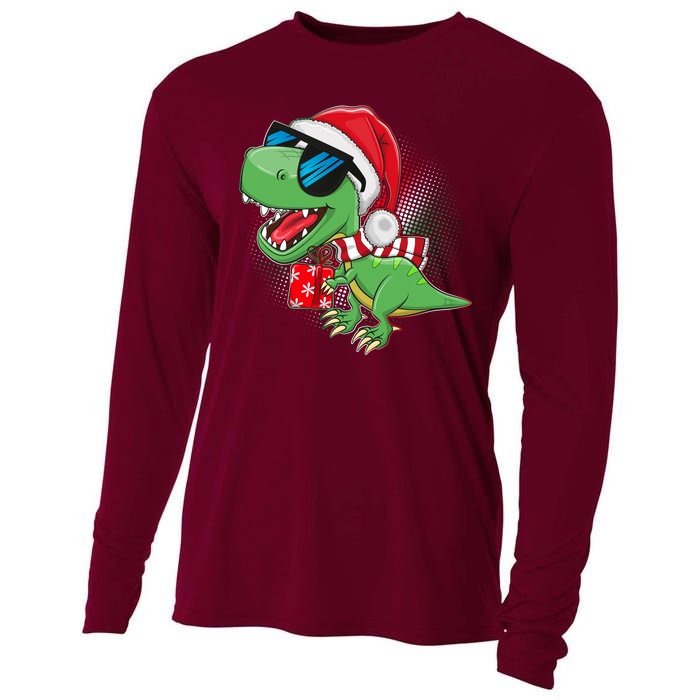 Funny Christmas Santa Trex Dinosaur Cooling Performance Long Sleeve Crew