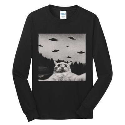 Funny Cat Selfie With Alien Ufos Funny Cat Lovers AlienS Ufo Tall Long Sleeve T-Shirt