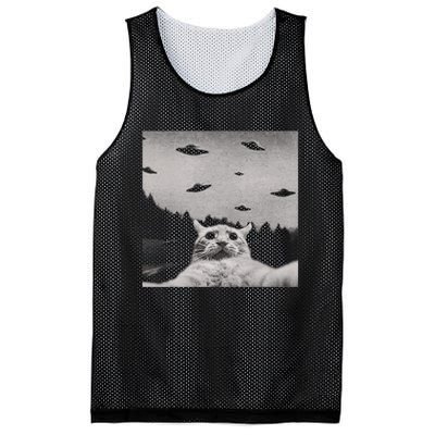 Funny Cat Selfie With Alien Ufos Funny Cat Lovers AlienS Ufo Mesh Reversible Basketball Jersey Tank