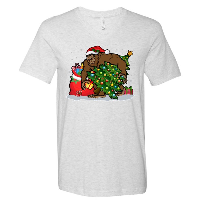 Funny Christmas Santa Sasquatch Bigfoot V-Neck T-Shirt