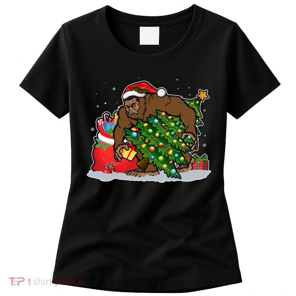 Funny Christmas Santa Sasquatch Bigfoot Womens T-Shirt