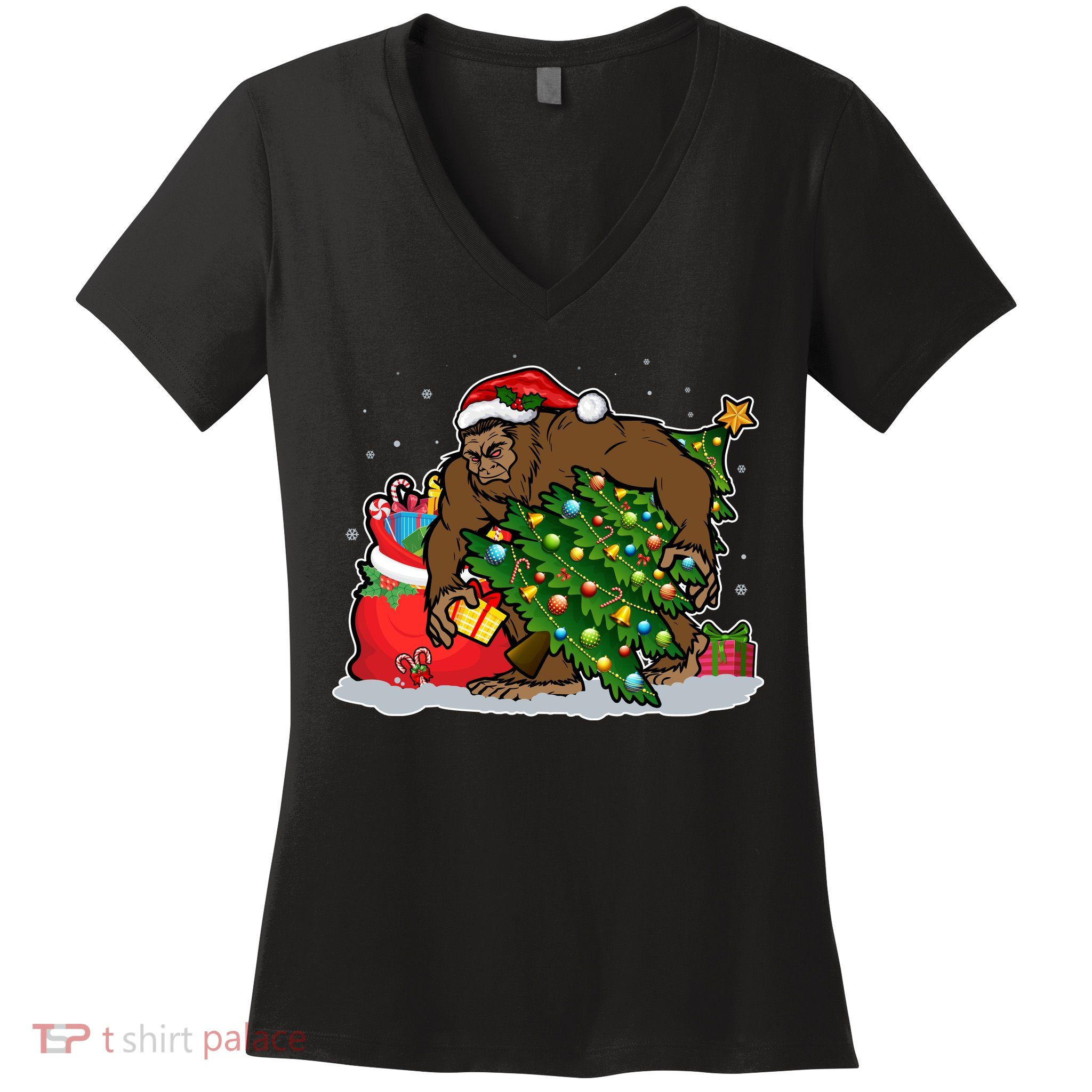 Funny Christmas Santa Sasquatch Bigfoot Women's V-Neck T-Shirt