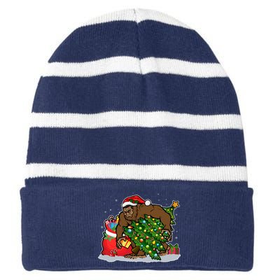 Funny Christmas Santa Sasquatch Bigfoot Striped Beanie with Solid Band