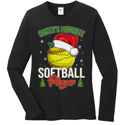 Funny Christmas Santa's Favorite Softball Player Ladies Long Sleeve Shirt