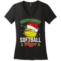 Funny Christmas Santa's Favorite Softball Player Women's V-Neck T-Shirt