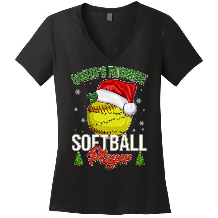 Funny Christmas Santa's Favorite Softball Player Women's V-Neck T-Shirt