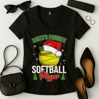 Funny Christmas Santa's Favorite Softball Player Women's V-Neck T-Shirt