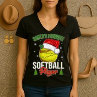 Funny Christmas Santa's Favorite Softball Player Women's V-Neck T-Shirt