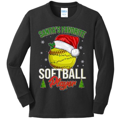 Funny Christmas Santa's Favorite Softball Player Kids Long Sleeve Shirt