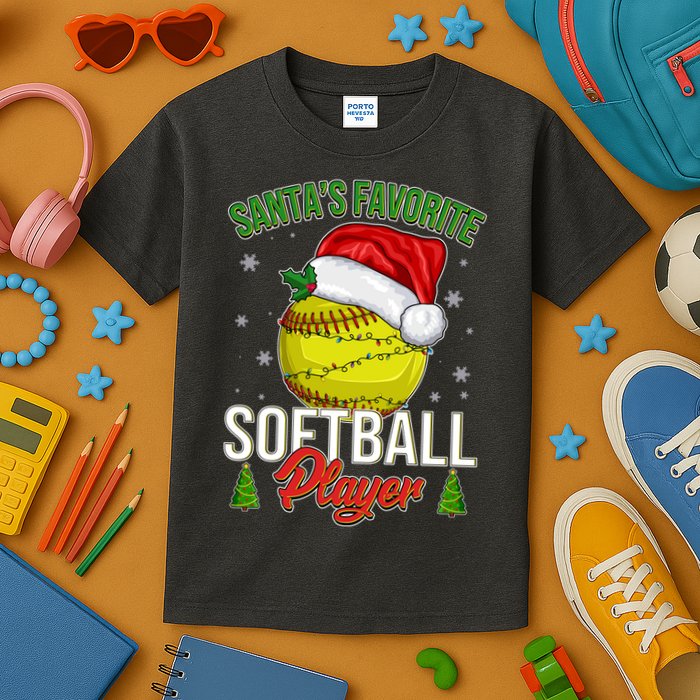 Funny Christmas Santa's Favorite Softball Player Kids T-Shirt
