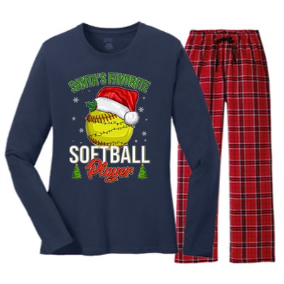 Funny Christmas Santa's Favorite Softball Player Women's Long Sleeve Flannel Pajama Set 