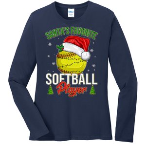 Funny Christmas Santa's Favorite Softball Player Ladies Long Sleeve Shirt