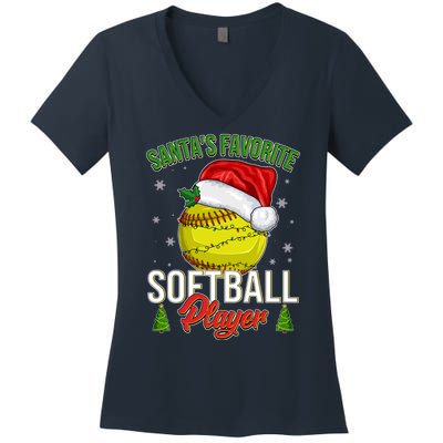 Funny Christmas Santa's Favorite Softball Player Women's V-Neck T-Shirt