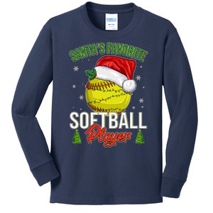 Funny Christmas Santa's Favorite Softball Player Kids Long Sleeve Shirt