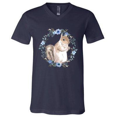 Flower Circle Squirrel V-Neck T-Shirt