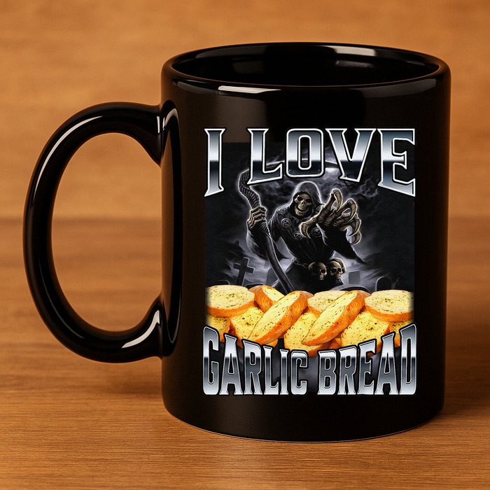 Funny Cringe Skeleton Meme I Love Garlic Bread 11oz C Handle Ceramic Mug