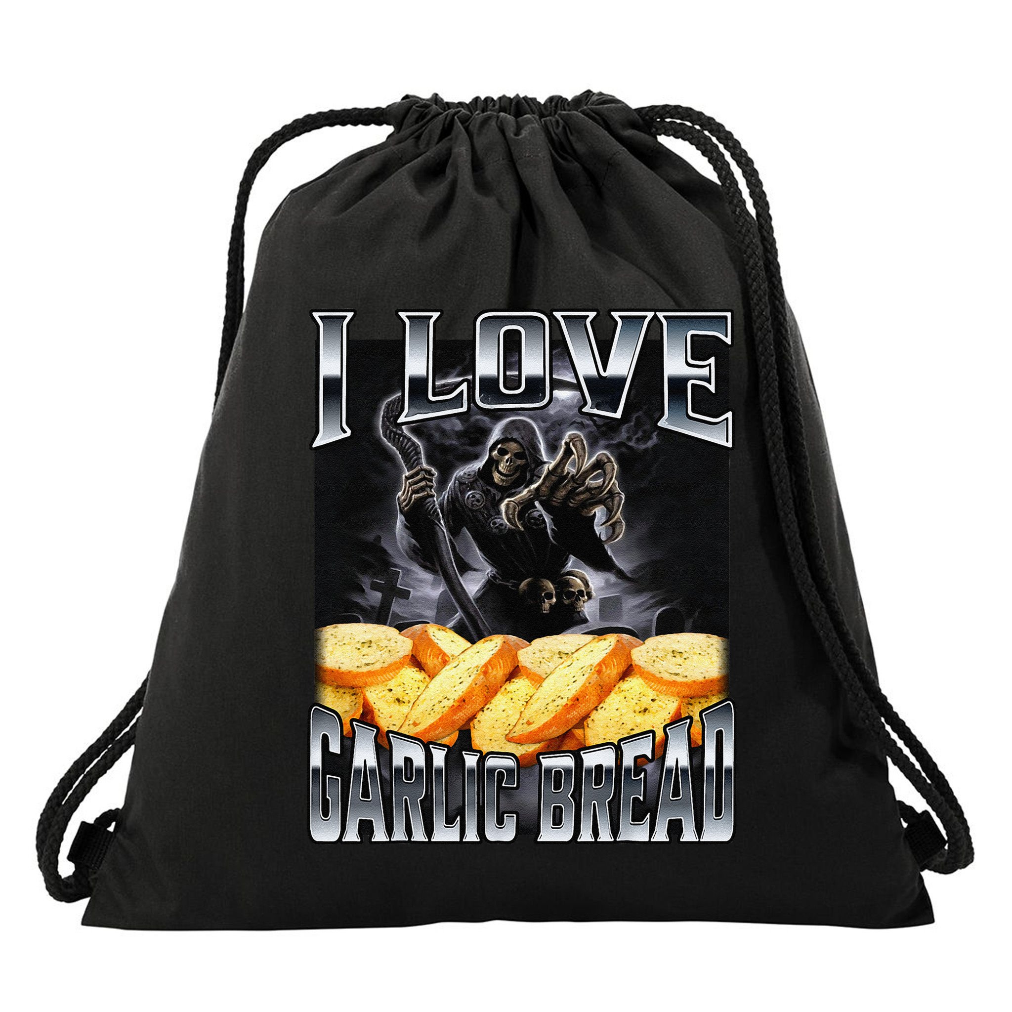 Funny Cringe Skeleton Meme I Love Garlic Bread Drawstring Bag