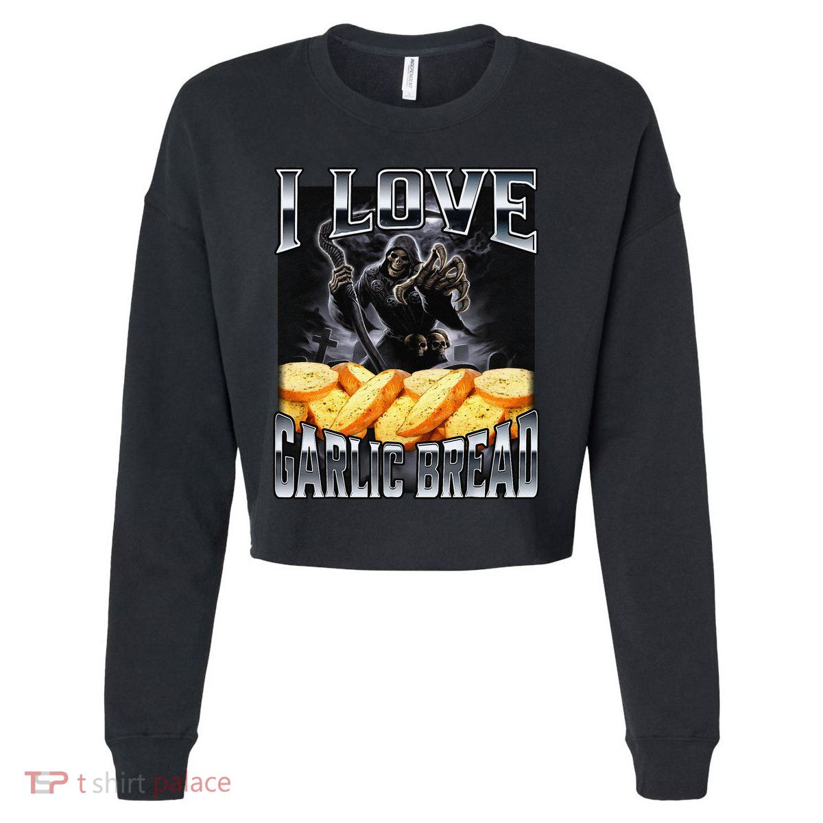 Funny Cringe Skeleton Meme I Love Garlic Bread Cropped Pullover Crew