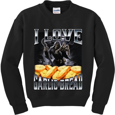 Funny Cringe Skeleton Meme I Love Garlic Bread Kids Sweatshirt