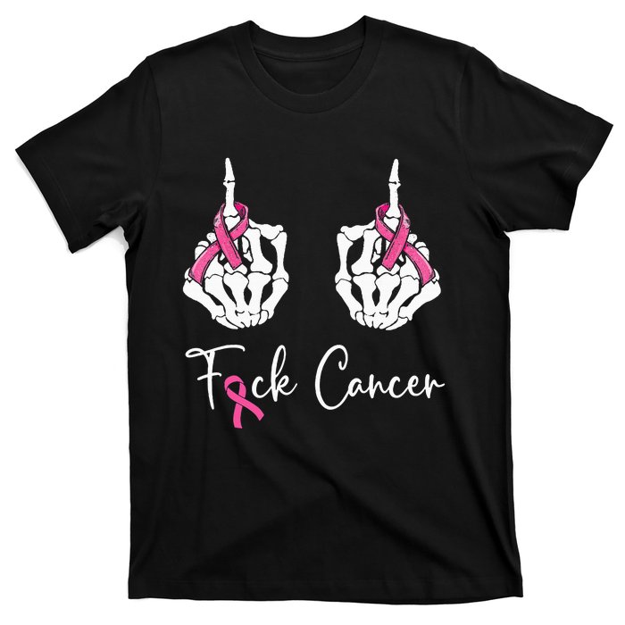 Fuck Cancer Skeleton Middle Finger Breast Cancer Awareness T-Shirt