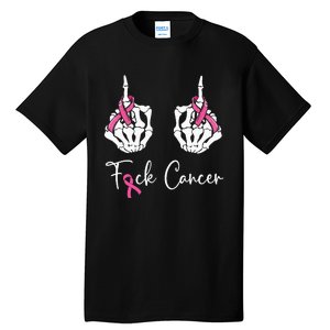 Fuck Cancer Skeleton Middle Finger Breast Cancer Awareness Tall T-Shirt