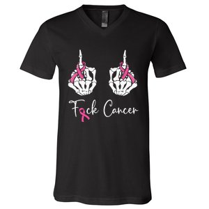 Fuck Cancer Skeleton Middle Finger Breast Cancer Awareness V-Neck T-Shirt