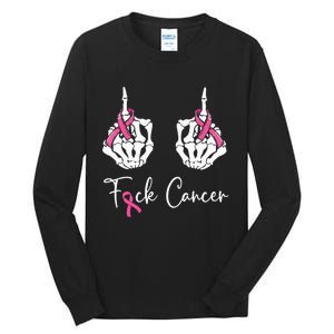 Fuck Cancer Skeleton Middle Finger Breast Cancer Awareness Tall Long Sleeve T-Shirt