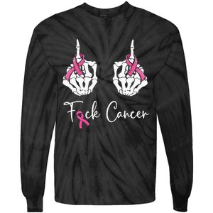 Fuck Cancer Skeleton Middle Finger Breast Cancer Awareness Tie-Dye Long Sleeve Shirt