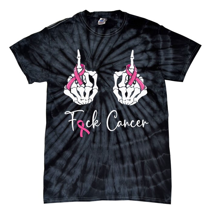 Fuck Cancer Skeleton Middle Finger Breast Cancer Awareness Tie-Dye T-Shirt