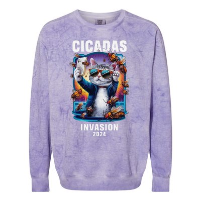 Funny Cat Selfie Cicadas Invasion 2024 Colorblast Crewneck Sweatshirt