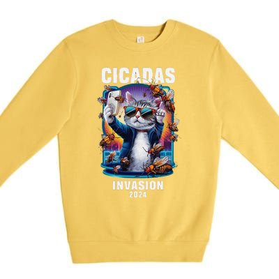 Funny Cat Selfie Cicadas Invasion 2024 Premium Crewneck Sweatshirt