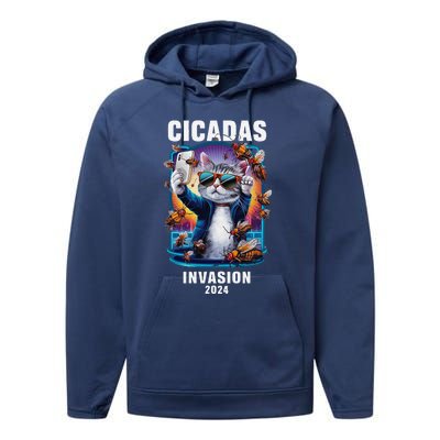 Funny Cat Selfie Cicadas Invasion 2024 Performance Fleece Hoodie