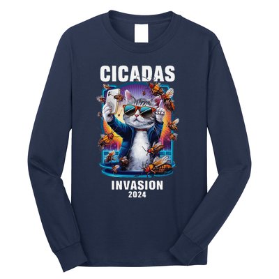 Funny Cat Selfie Cicadas Invasion 2024 Long Sleeve Shirt