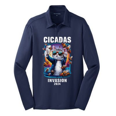 Funny Cat Selfie Cicadas Invasion 2024 Silk Touch Performance Long Sleeve Polo