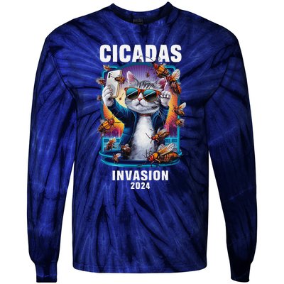 Funny Cat Selfie Cicadas Invasion 2024 Tie-Dye Long Sleeve Shirt