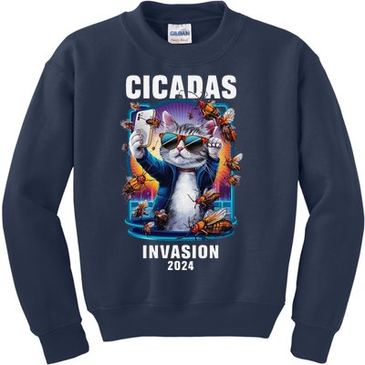 Funny Cat Selfie Cicadas Invasion 2024 Kids Sweatshirt