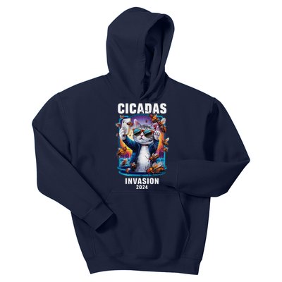 Funny Cat Selfie Cicadas Invasion 2024 Kids Hoodie