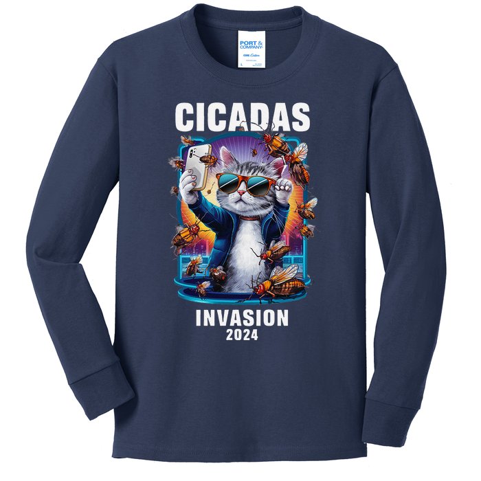 Funny Cat Selfie Cicadas Invasion 2024 Kids Long Sleeve Shirt