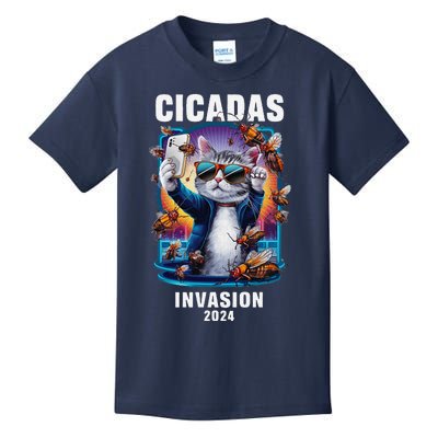 Funny Cat Selfie Cicadas Invasion 2024 Kids T-Shirt