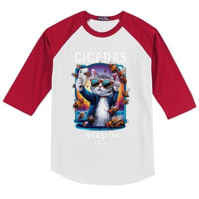 Funny Cat Selfie Cicadas Invasion 2024 Kids Colorblock Raglan Jersey